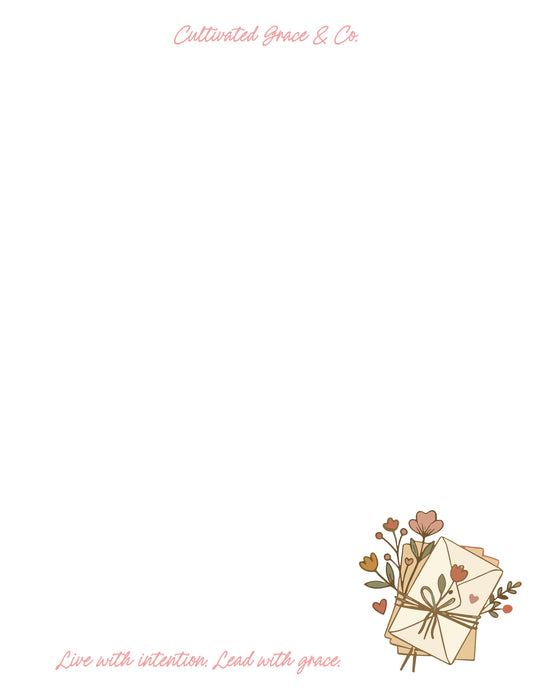 Tied Letters Floral Notepad page design: an open white page with a small bundle of twine-tied envelopes and flowers in the bottom right corner and Live with intention. Lead with grace. in pink script. Artwork preview, not a product photo.