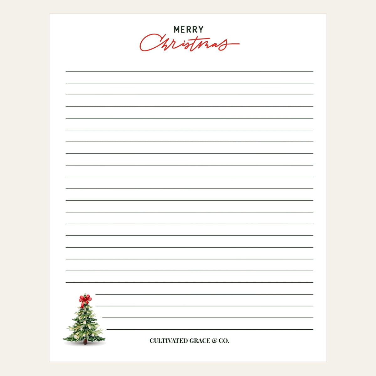 Merry Christmas Tree lined notepad with red script Merry Christmas and a small decorated tree