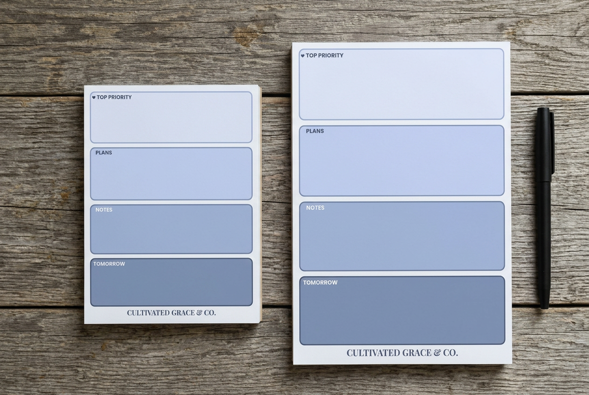 Two blue-toned notepads on a rustic wood desk with a pen