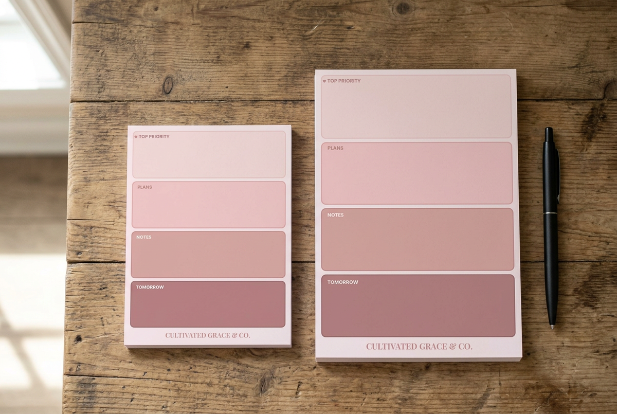 Two blush pink notepads on a rustic wood desk with a pen