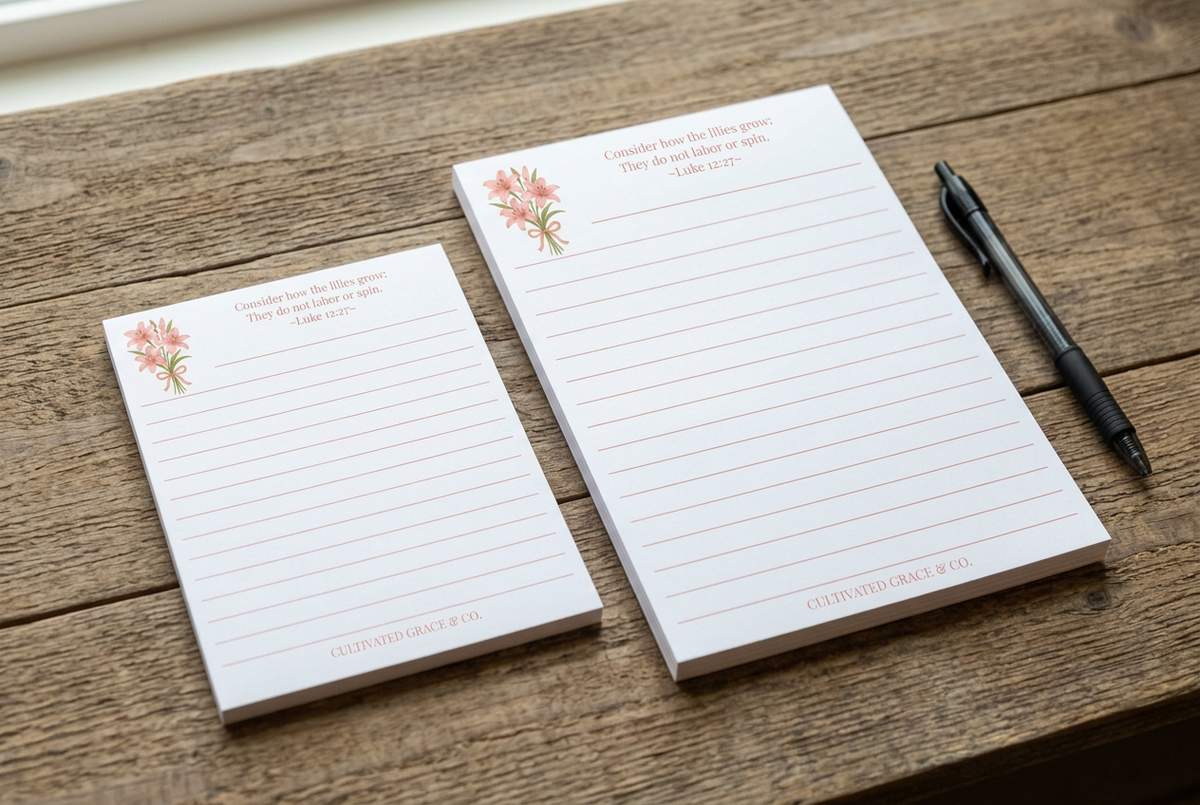 Two Consider the Lilies notepads on a rustic wood desk with a pen
