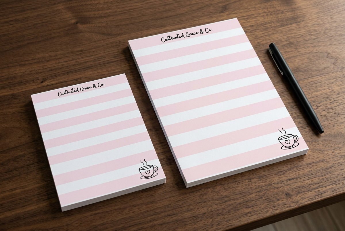 Two pink and white striped notepads on a dark wood desk with a pen