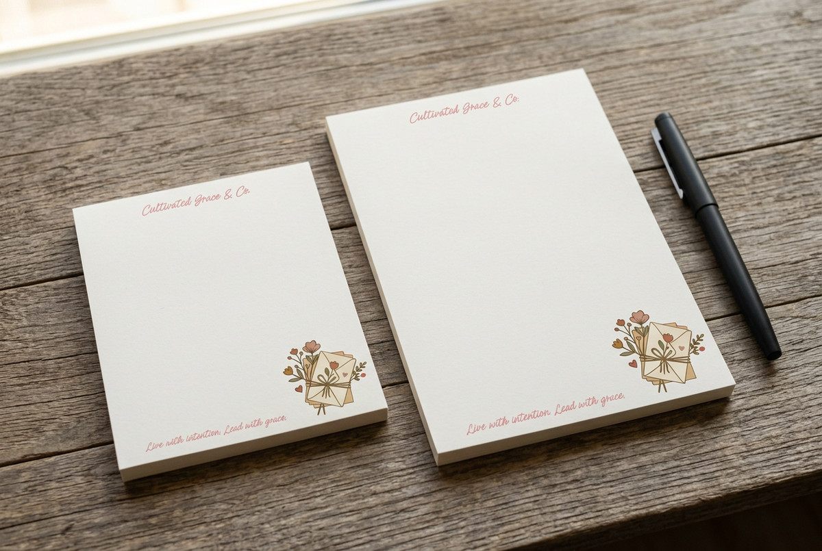 Two Tied Letters Floral notepads on a rustic wood desk with a pen