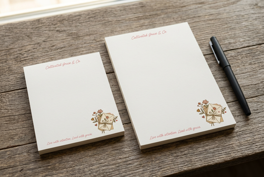Two Tied Letters Floral notepads on a rustic wood desk with a pen