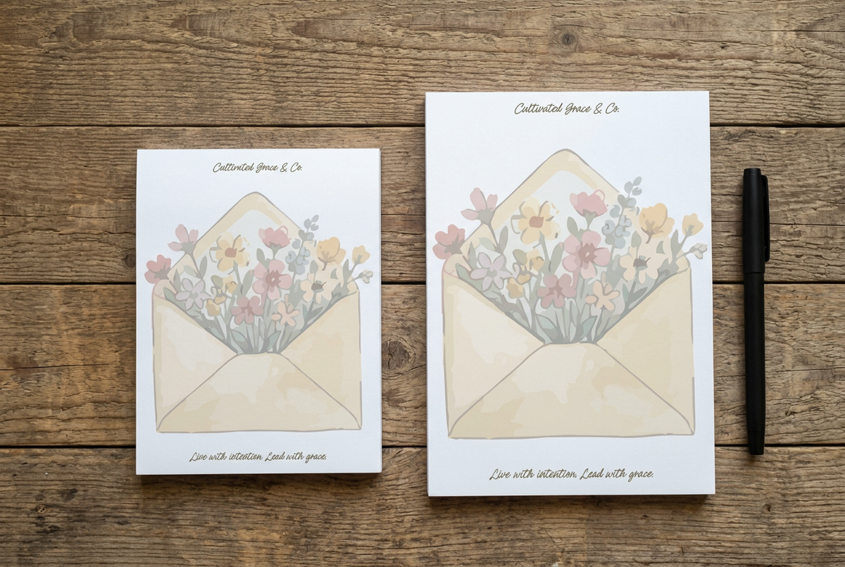 Two Vintage Floral Envelope notepads on a rustic wood desk with a pen