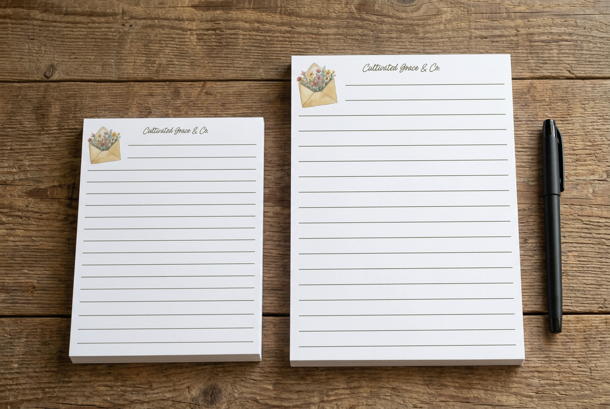 Two Wildflower Envelope notepads on a rustic wood desk with a pen