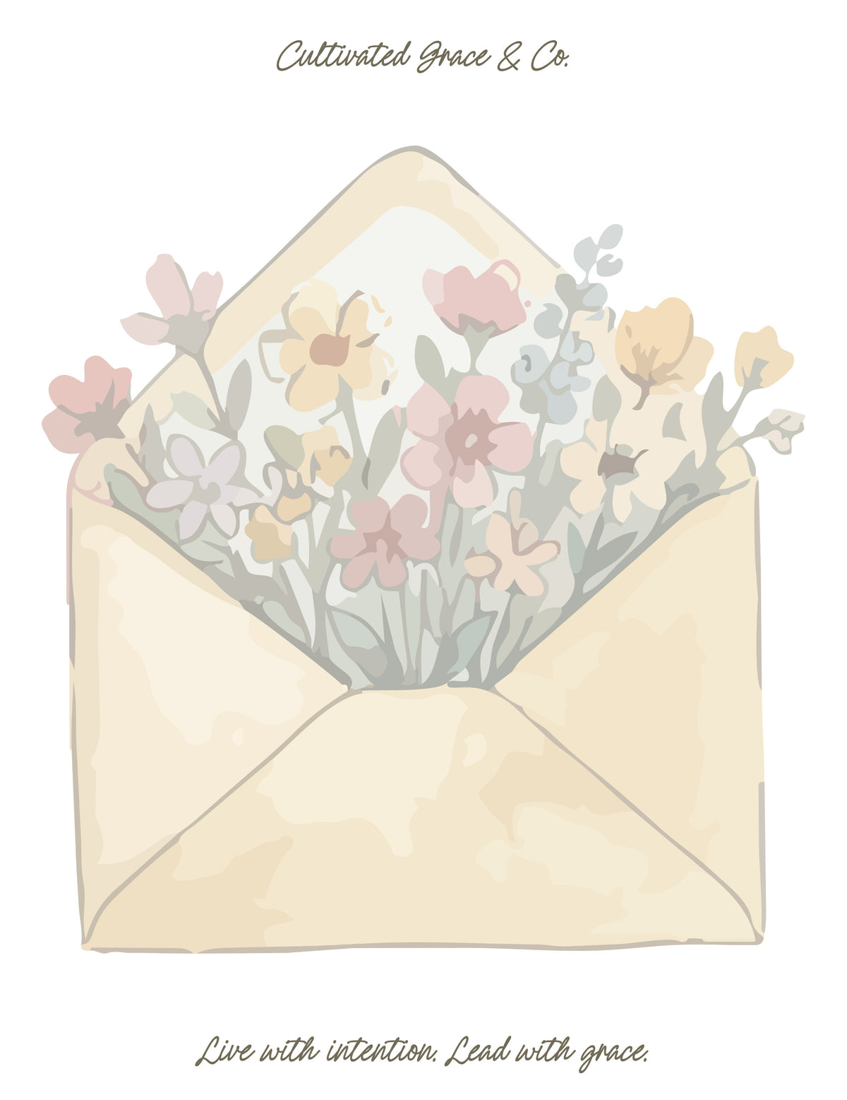 Vintage Floral Envelope Notepad page design: a large cream watercolor envelope filled with soft pink, yellow and sage flowers, with Live with intention. Lead with grace. in script below. Artwork preview, not a product photo.