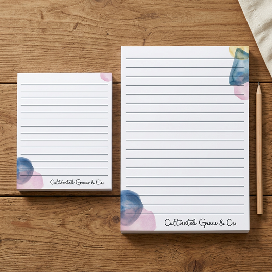 Watercolor Corners notepads in both sizes on a rustic wood table