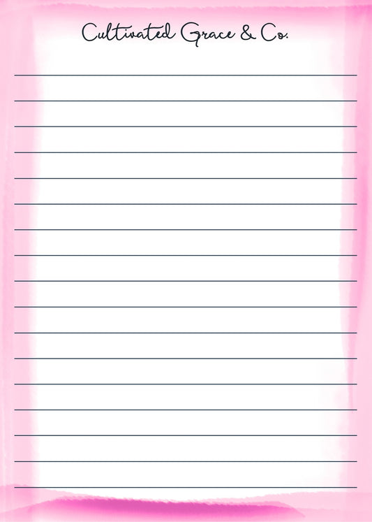 Pink watercolor lined notepad page artwork by Cultivated Grace & Co.