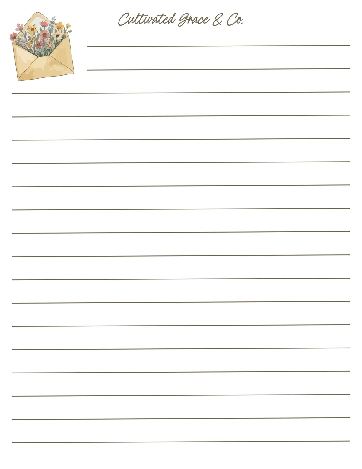 Wildflower Envelope Lined Notepad page design: a small watercolor envelope of wildflowers in the top left corner above taupe writing lines. Artwork preview, not a product photo.
