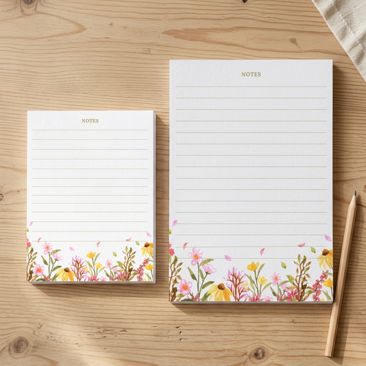 Wildflower Meadow notepads in both sizes on a rustic wood table